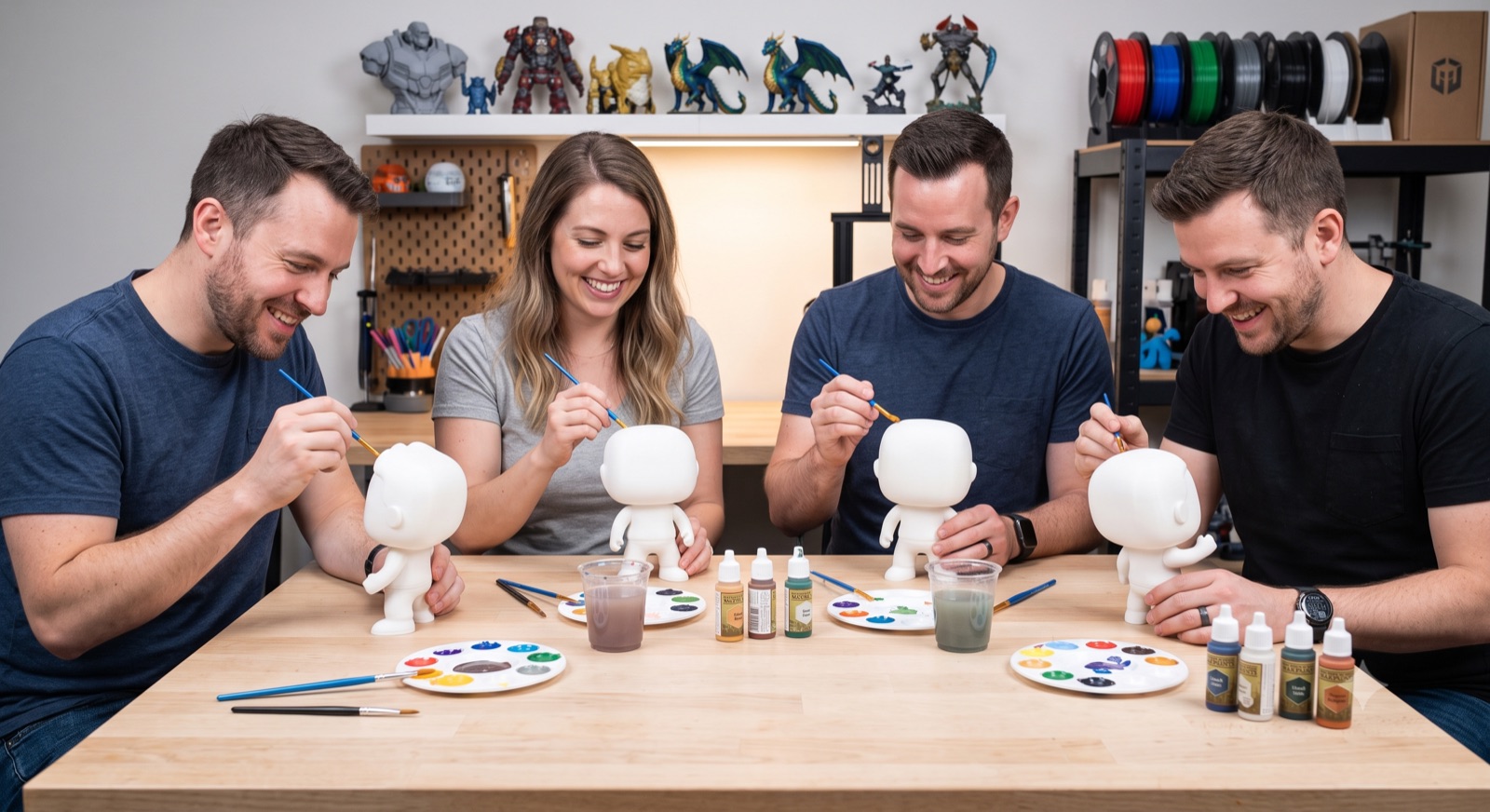 Four friends around a table painting blank mini figures at a paint night