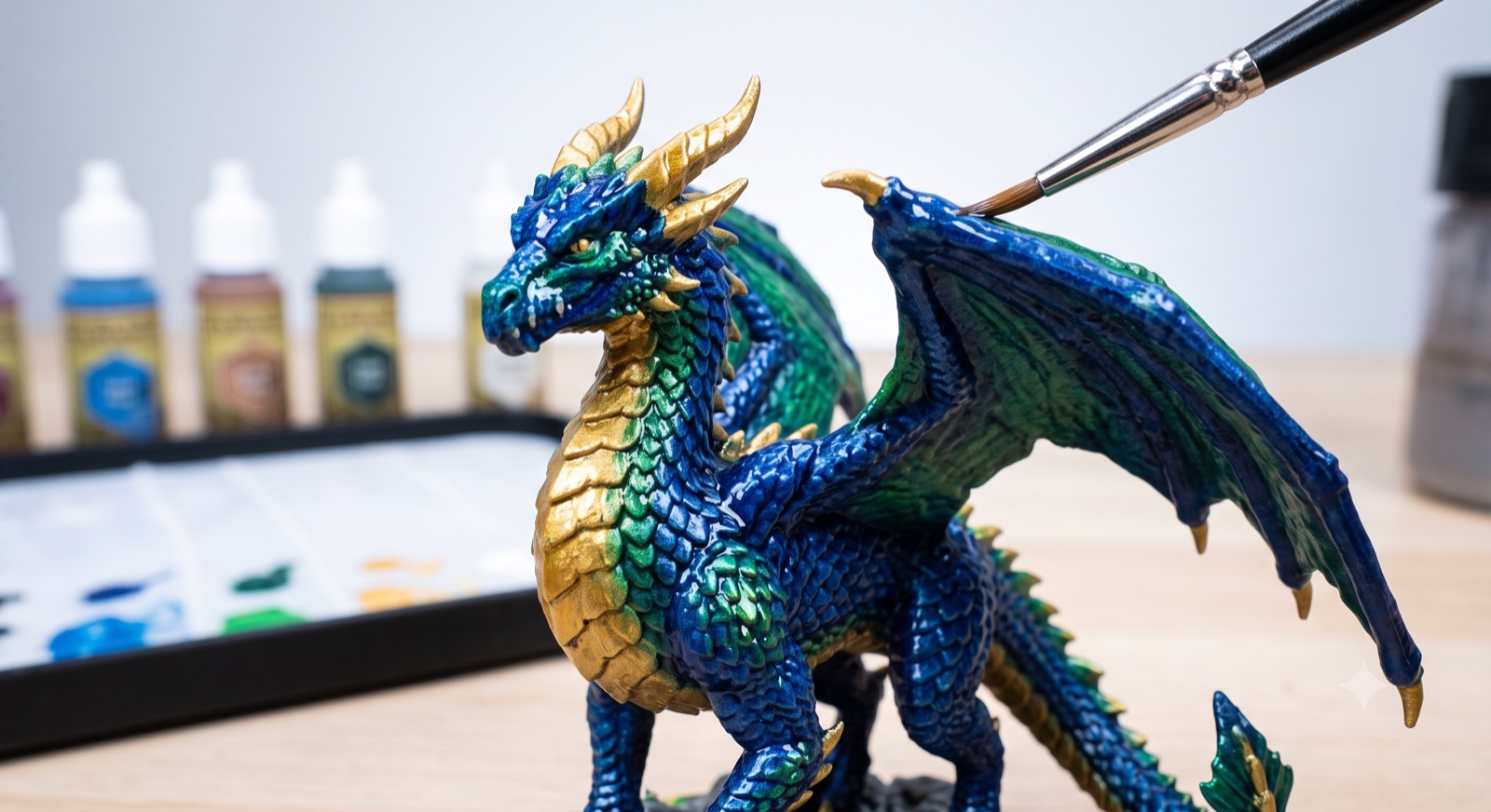 Detail-painting a blue and gold dragon 3D print with a fine brush, acrylic paints in the background