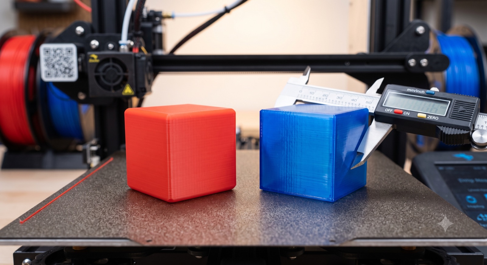 Red PLA and blue PETG test cubes on a 3D printer bed, measured with digital calipers