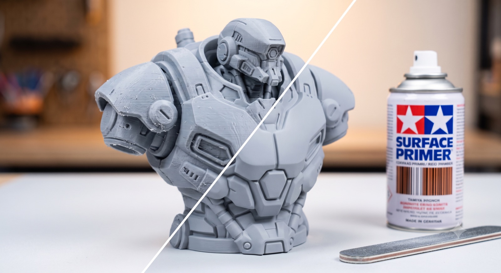 3D-printed robot bust shown half bare and half primed, next to a can of surface primer and a sanding stick